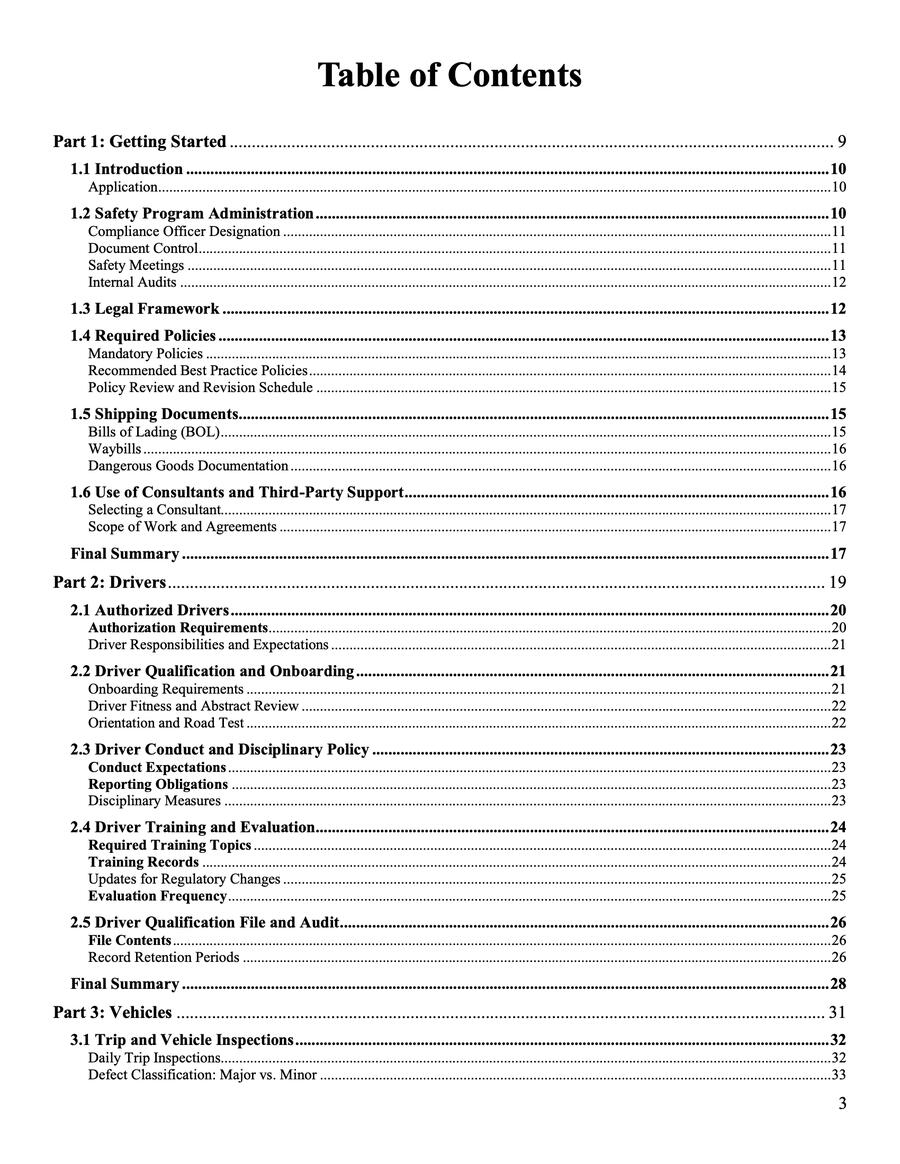 Ontario CVOR Guide Table of Contents showing modules on carrier responsibilities, commercial vehicle regulations, and hours of service fundamentals.