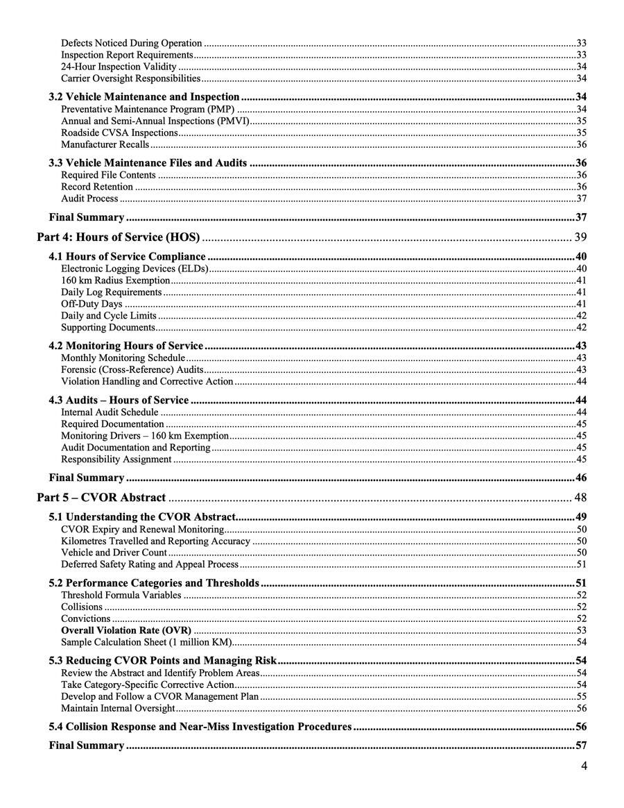 Ontario CVOR safety manual contents page listing fleet maintenance program guidance, daily trip inspection report requirements, and driver qualification files.