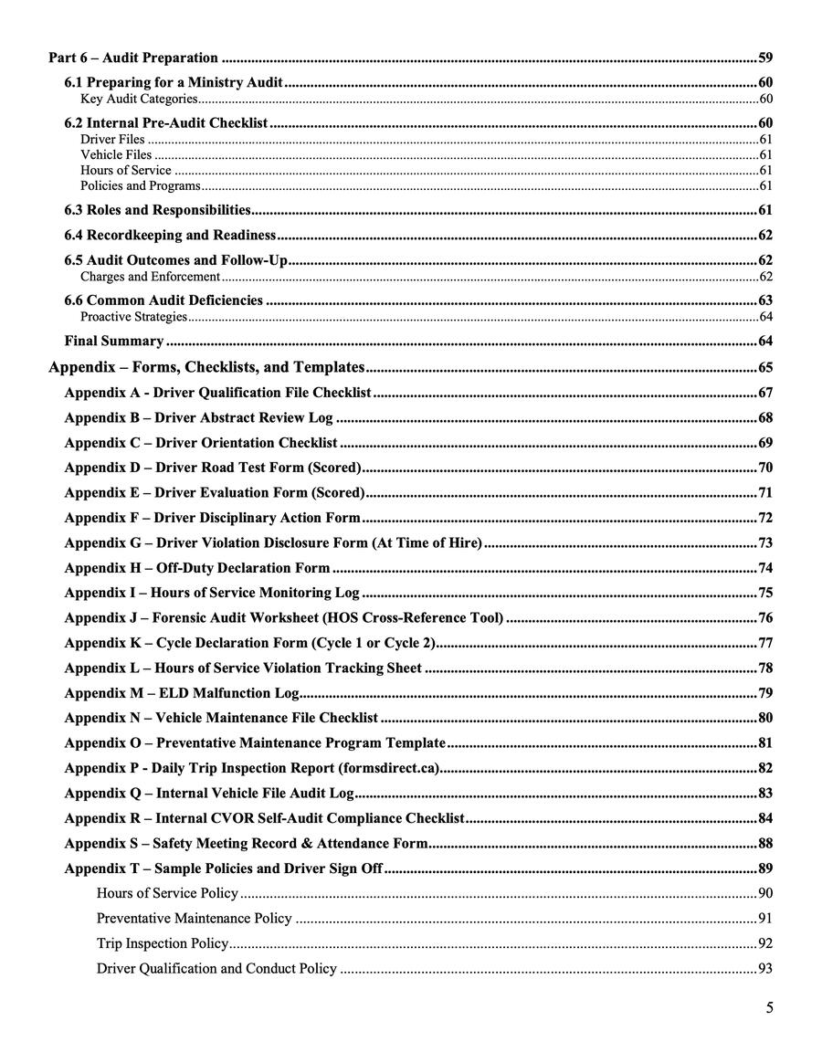 Ontario CVOR manual index page highlighting commercial fleet record-keeping best practices, compliance checklists, and MTO facility audit preparation tools.